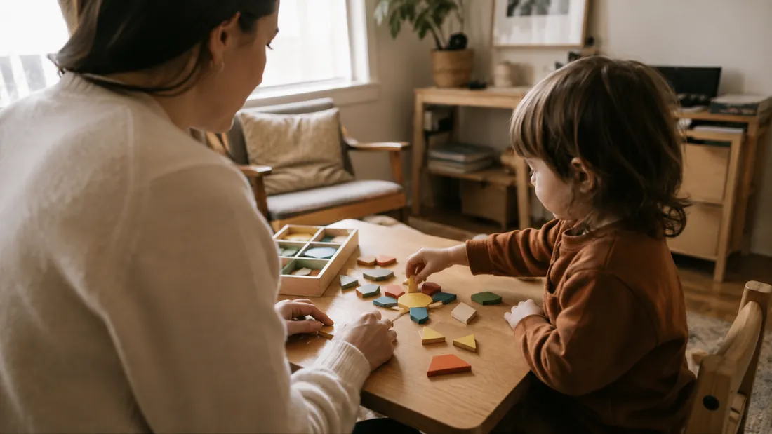 A child fits puzzle pieces together at a low table while an adult watches