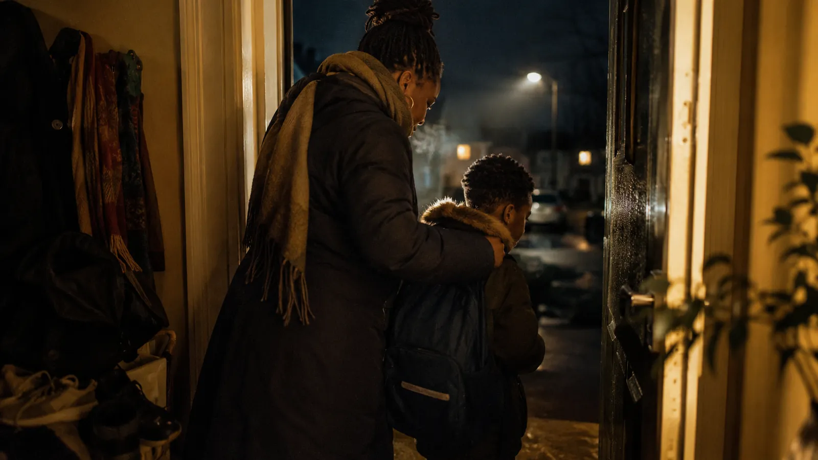 A parent in a winter coat heads out the door with a child on a dark morning