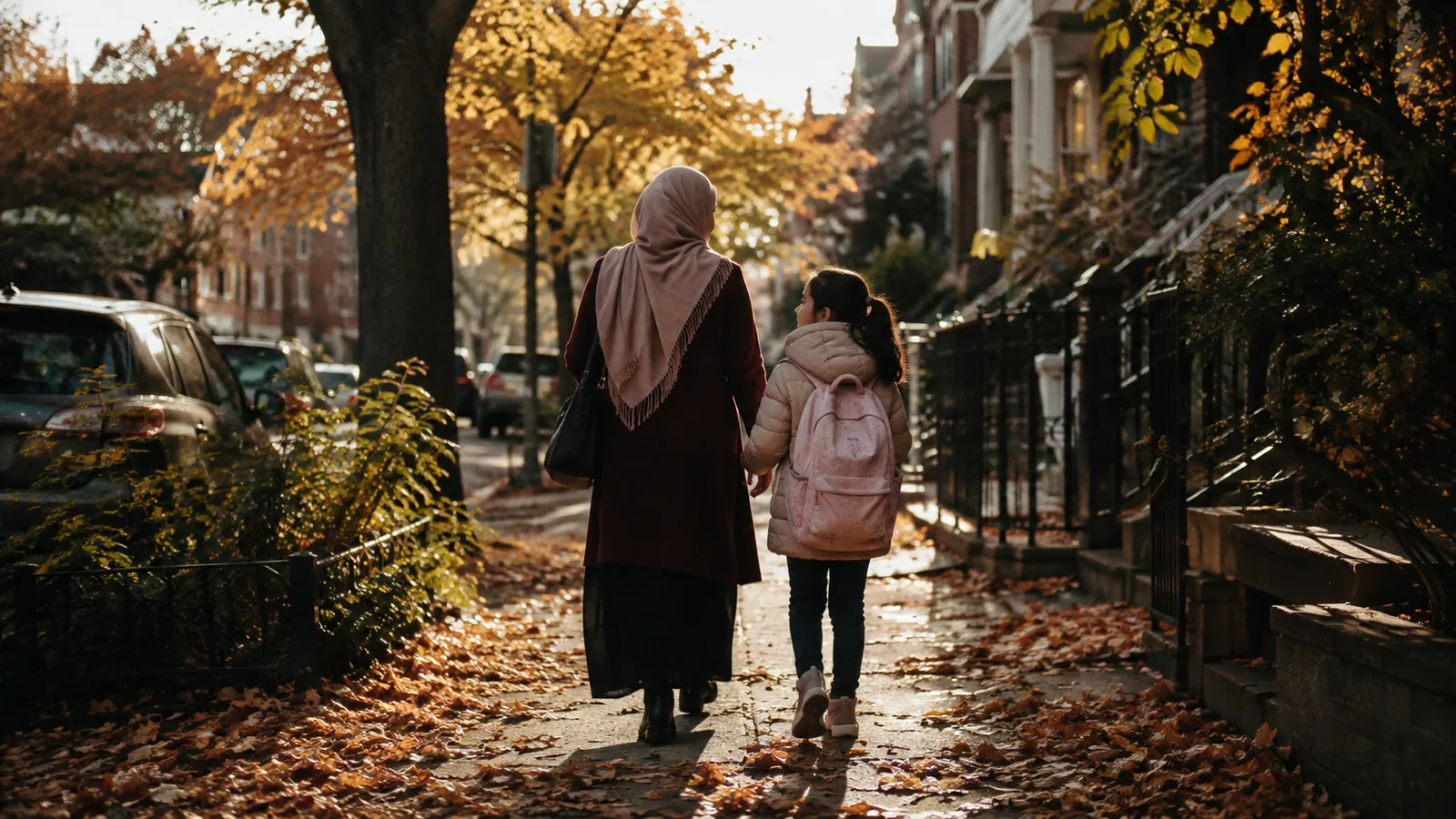 A mom and daughter walk home down an autumn street lined with fallen leaves