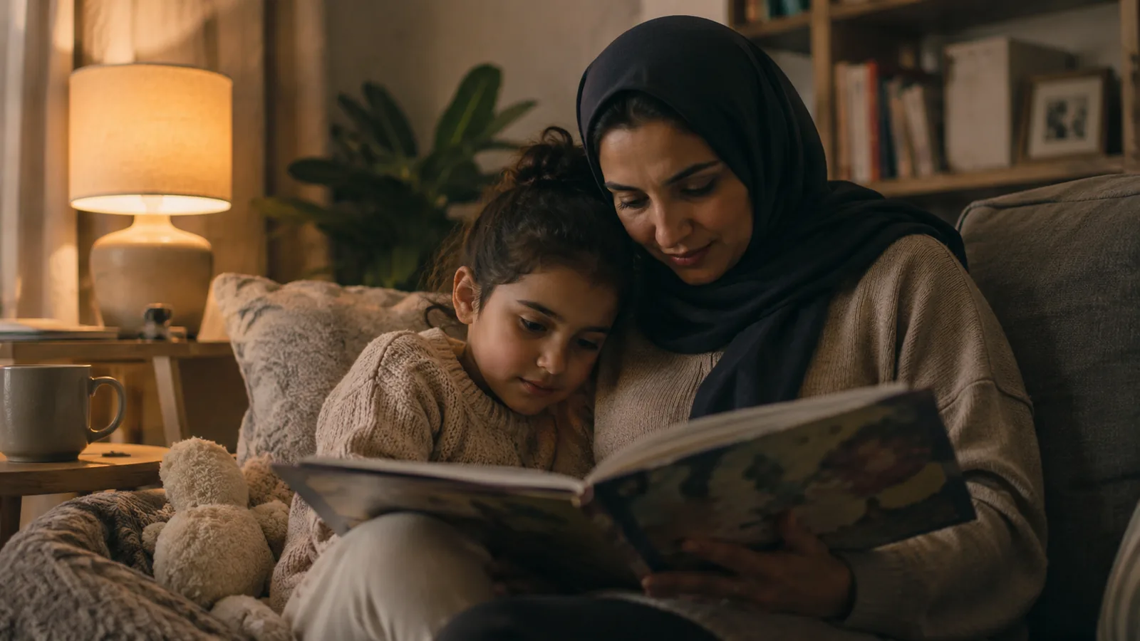 A mother and daughter reading together on a sofa under a lamp at bedtime