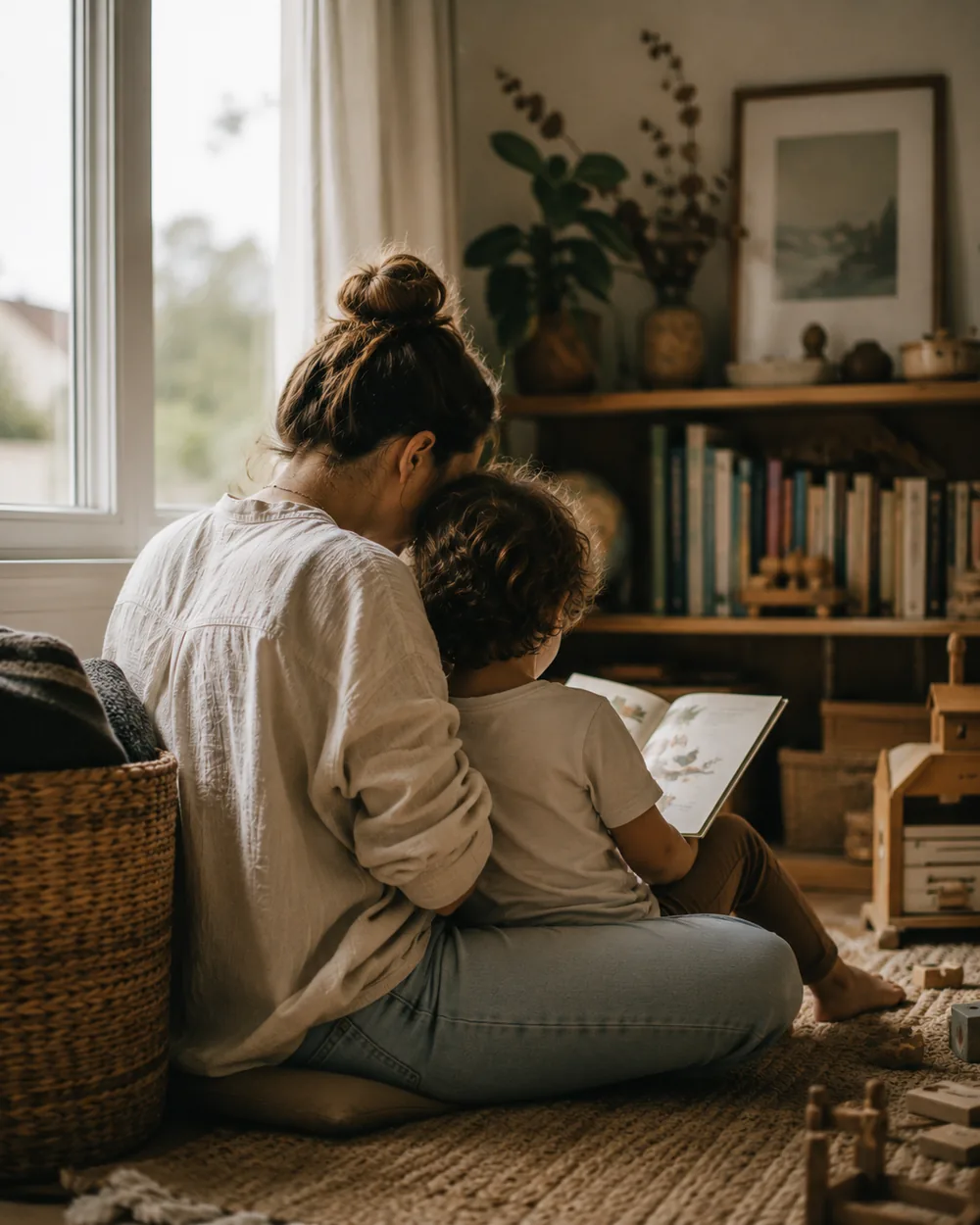A mother and toddler reading on the floor in front of a low bookshelf