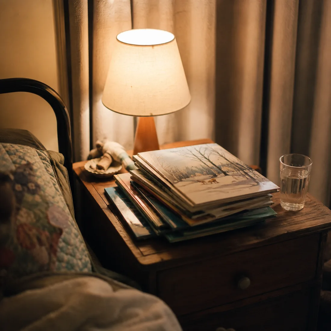 A pile of picture books stacked on a table beside a lamp