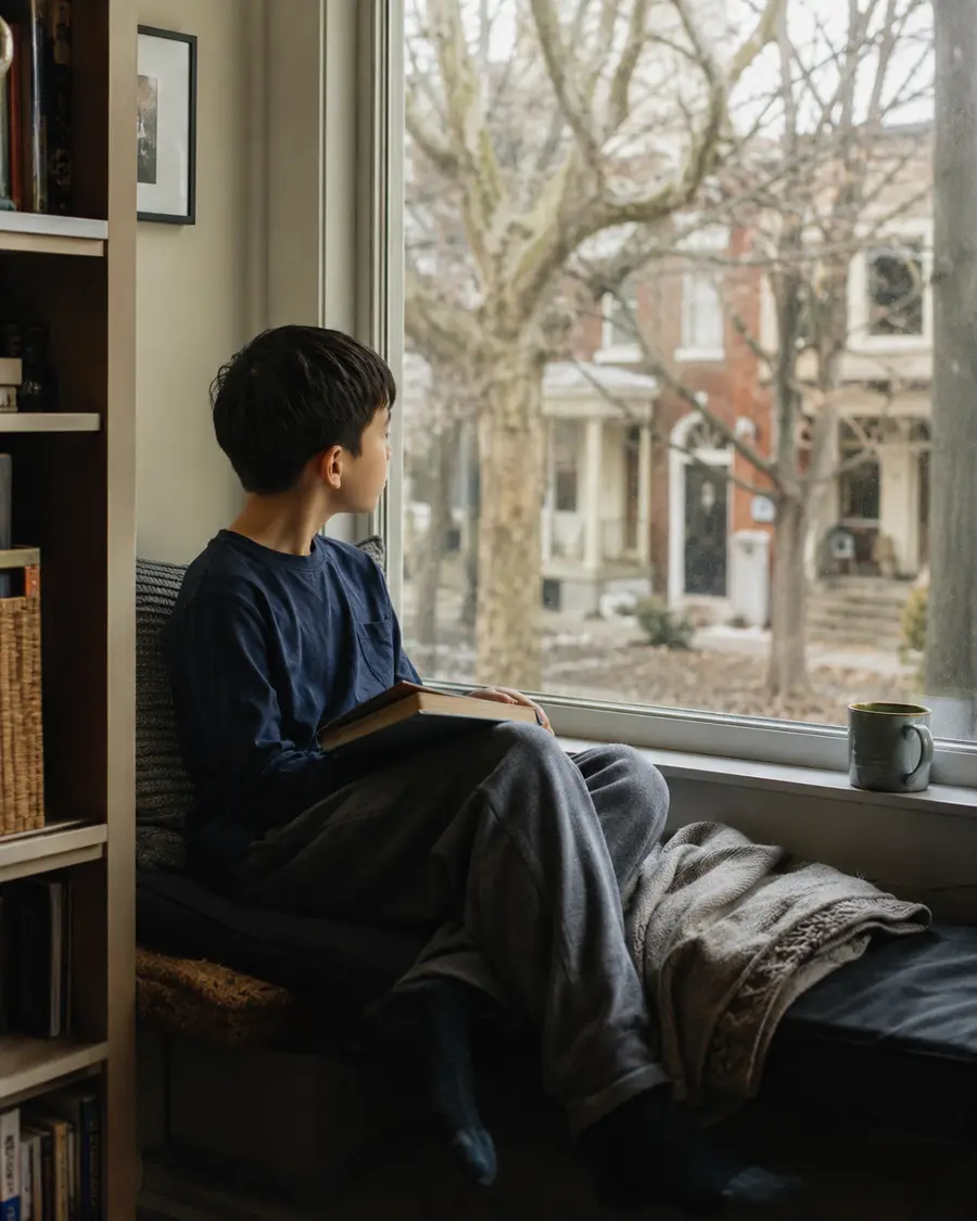 A boy sits on a window seat with his knees up, absorbed in a book he chose himself