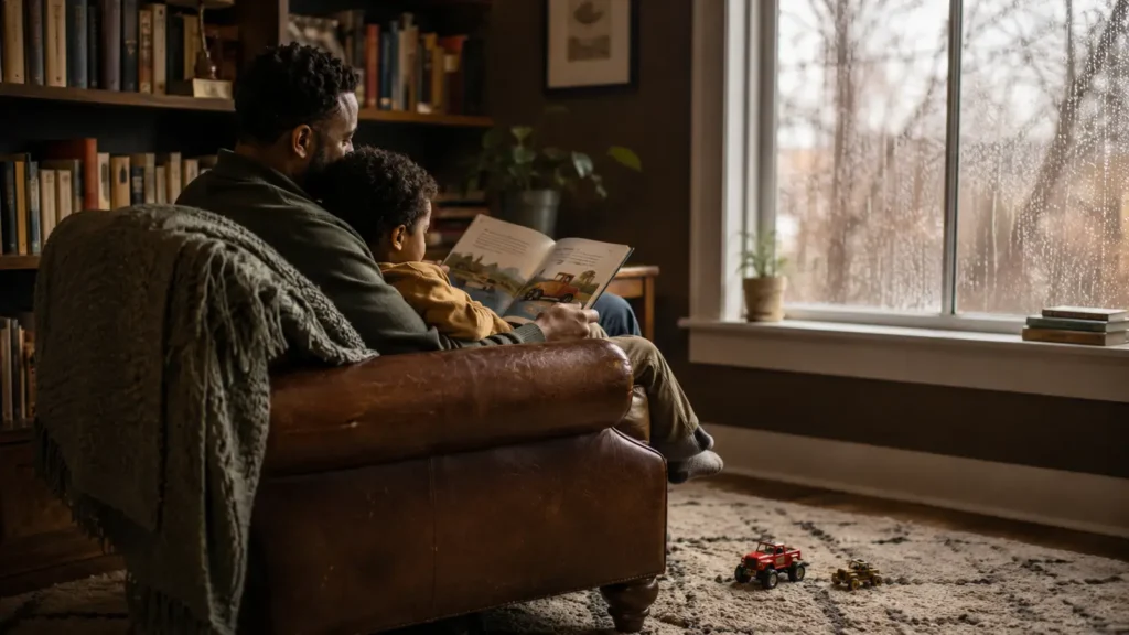 A father and his son share a book on a leather couch while rain runs down the window behind them
