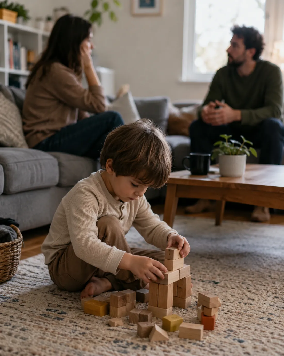 A toddler builds with wooden blocks on the floor while his parents talk in the background