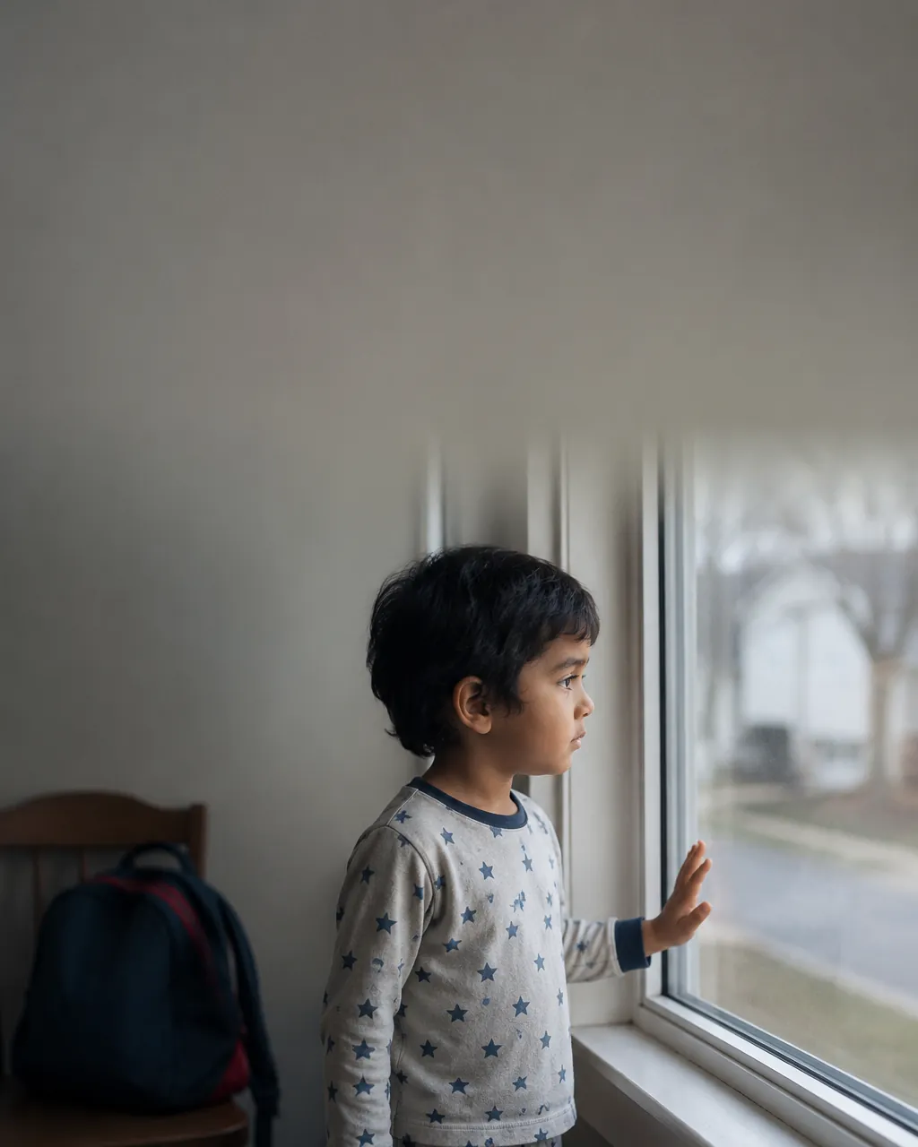 A boy in pajamas stands at a window looking out, his school backpack nearby