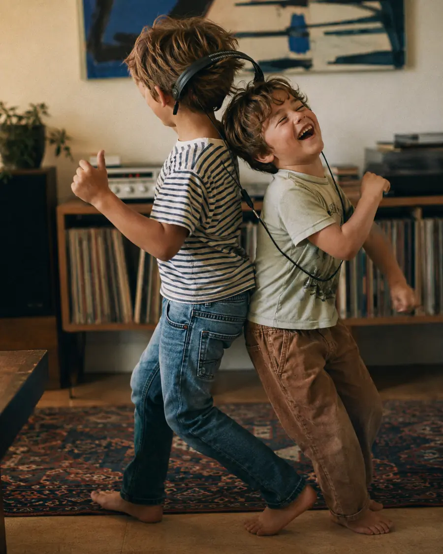 Two young brothers dance back to back in a living room, sharing one pair of headphones