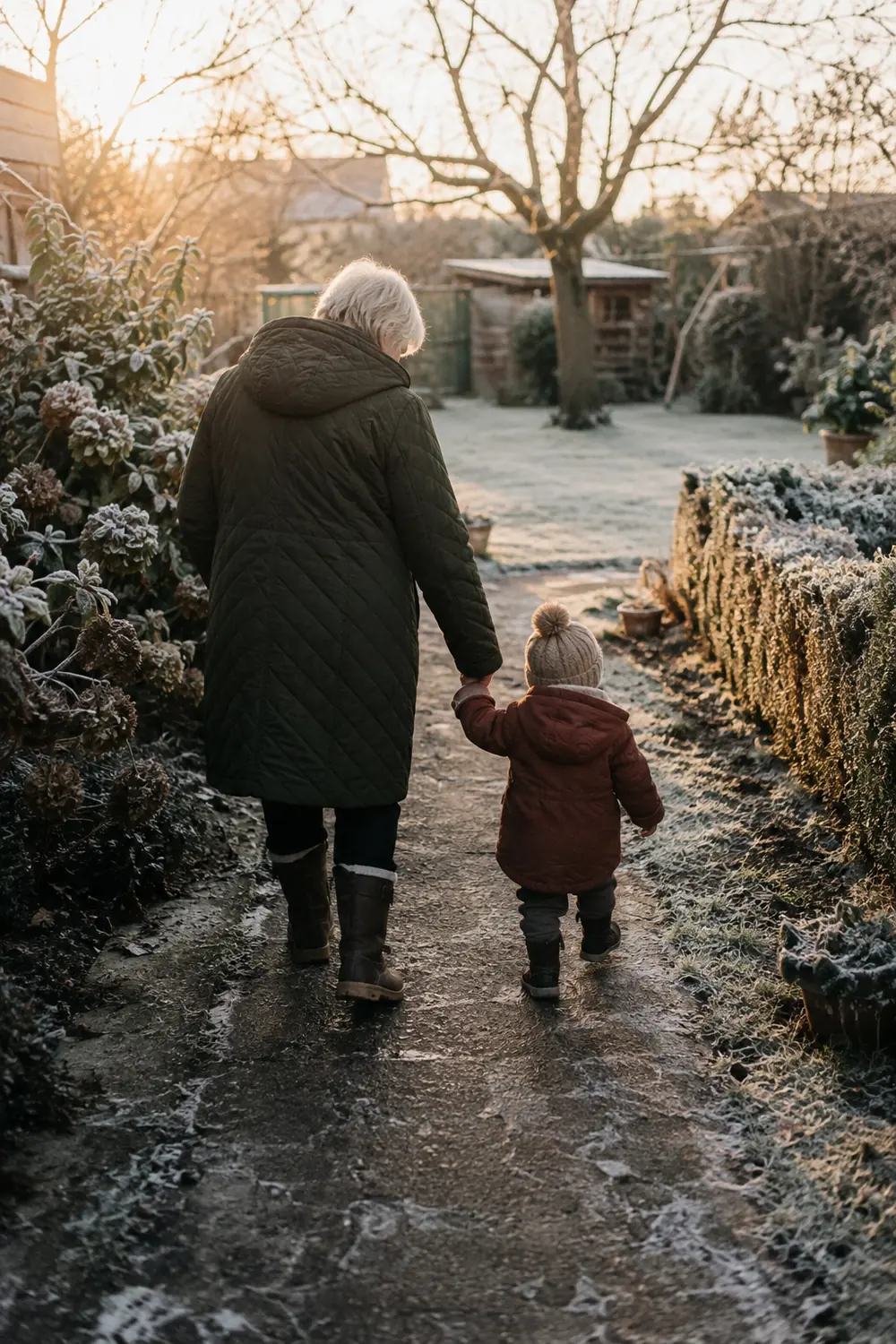 An older woman in a long coat holding a small child's hand on an icy garden path at sunrise