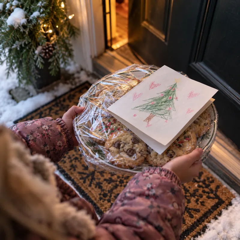 A child's hands carry a plate of cookies wrapped in plastic with a crayon Christmas tree card across a snowy doorstep