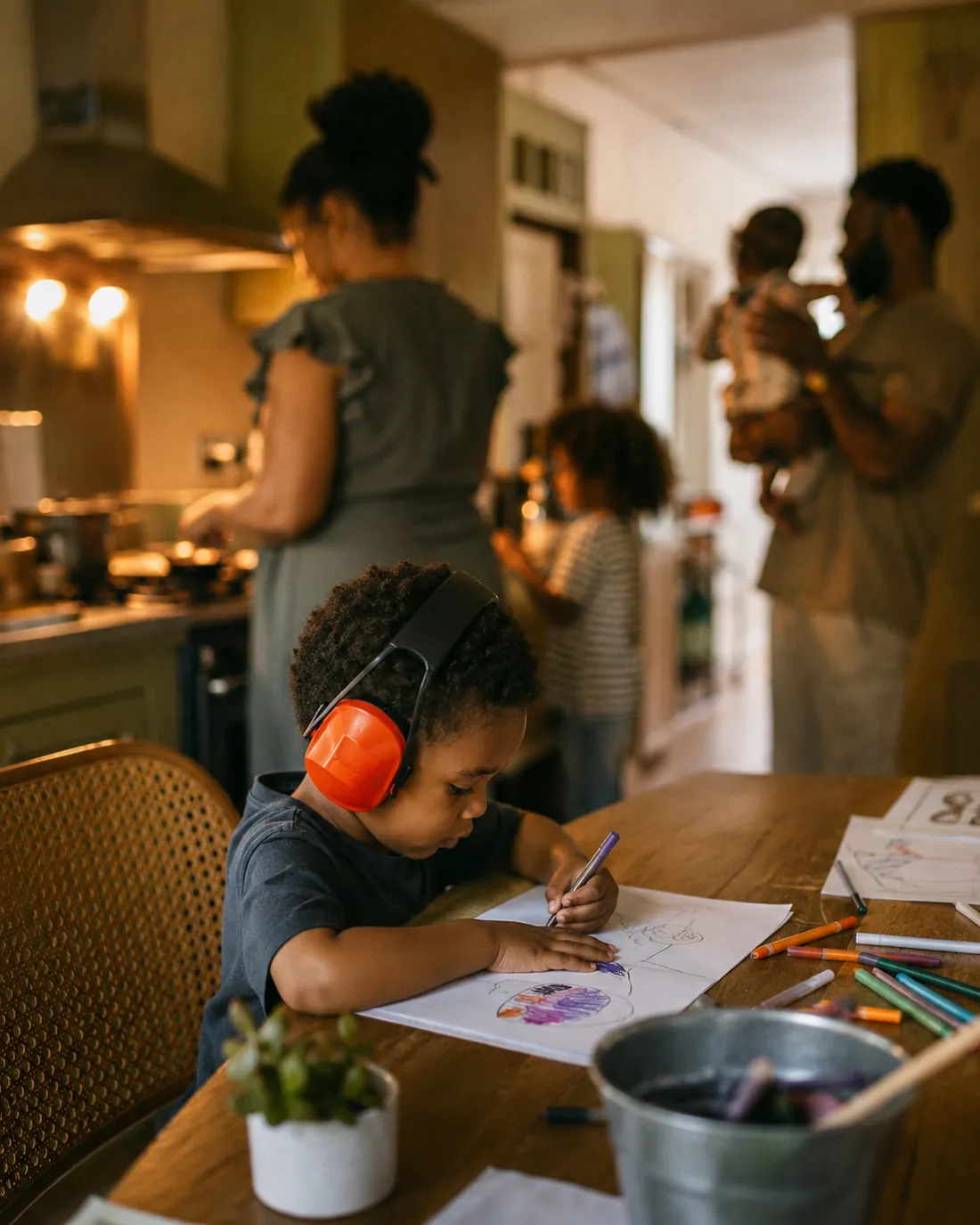 A child wearing orange ear defenders draws at the kitchen table while the family moves around behind him