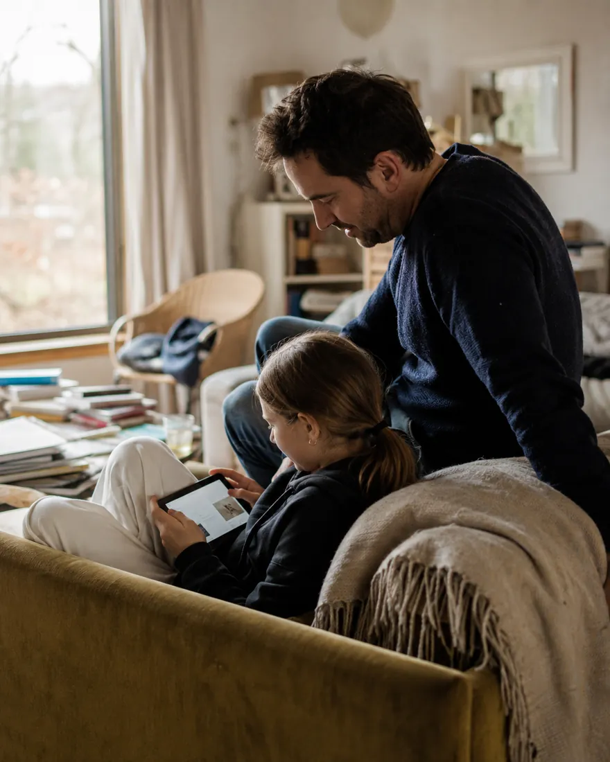 A father sits on the sofa arm beside his daughter as she holds a tablet, with stacked books and a big window behind them