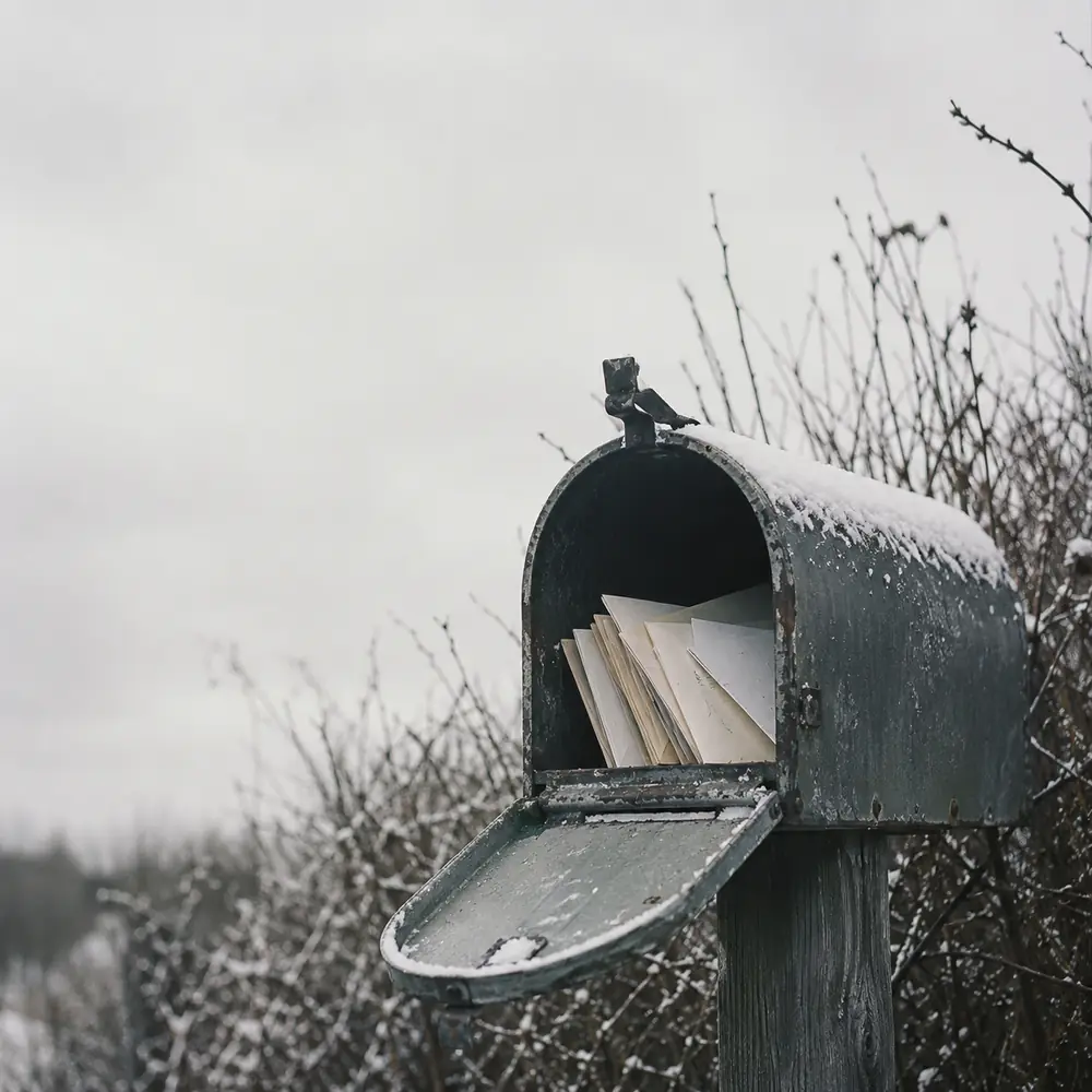 A mailbox with letters in it standing in fresh snow