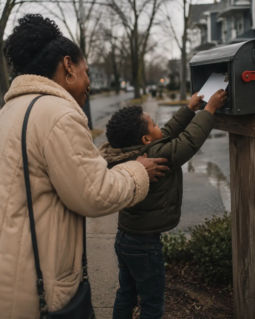 A hand posting a letter into a mailbox slot