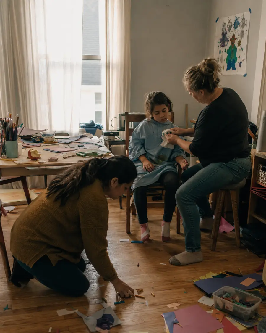 Two mothers and their daughter cut paper shapes at a craft table covered in offcuts