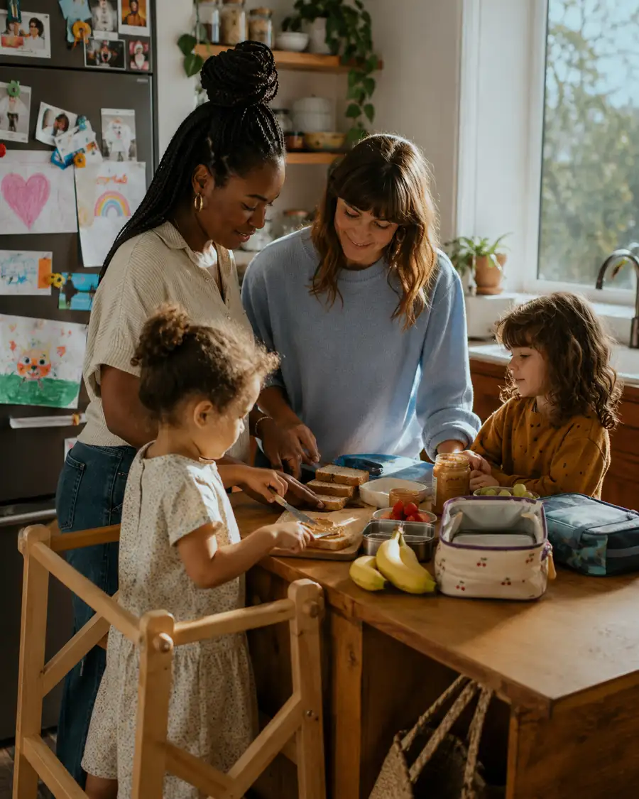 Two mothers and their daughters prepare food together at a kitchen counter