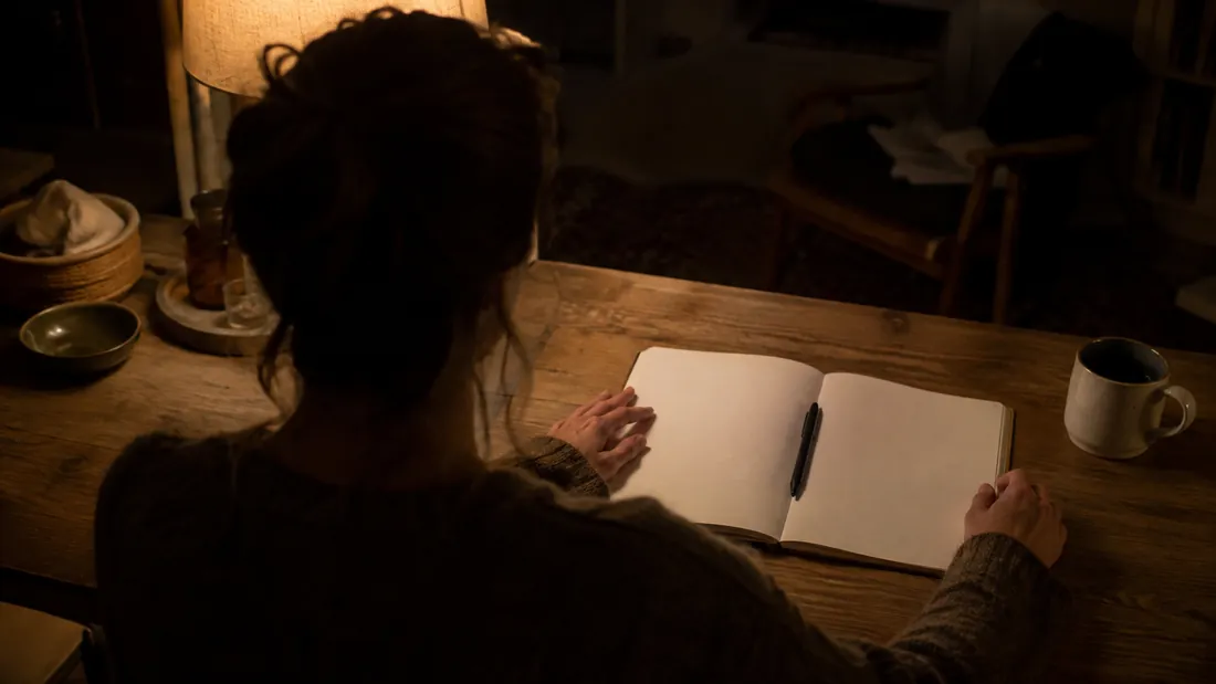 Over-the-shoulder view of an adult at a wooden table with an open blank notebook, a pen in the fold and a mug, in lamp light