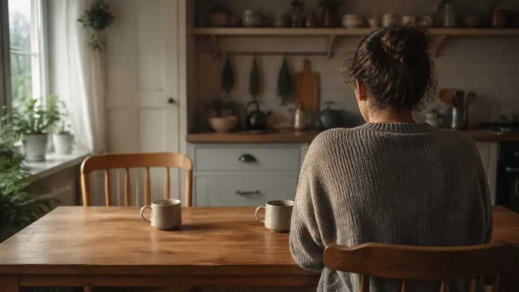 An adult in a gray knit sweater sits at a wooden kitchen table with two mugs and an empty chair opposite, in early light