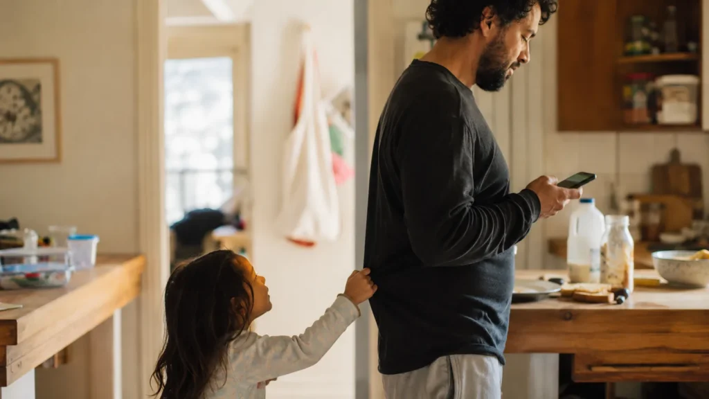 A father reads his phone at a kitchen counter while his young daughter tugs the back of his shirt and looks up