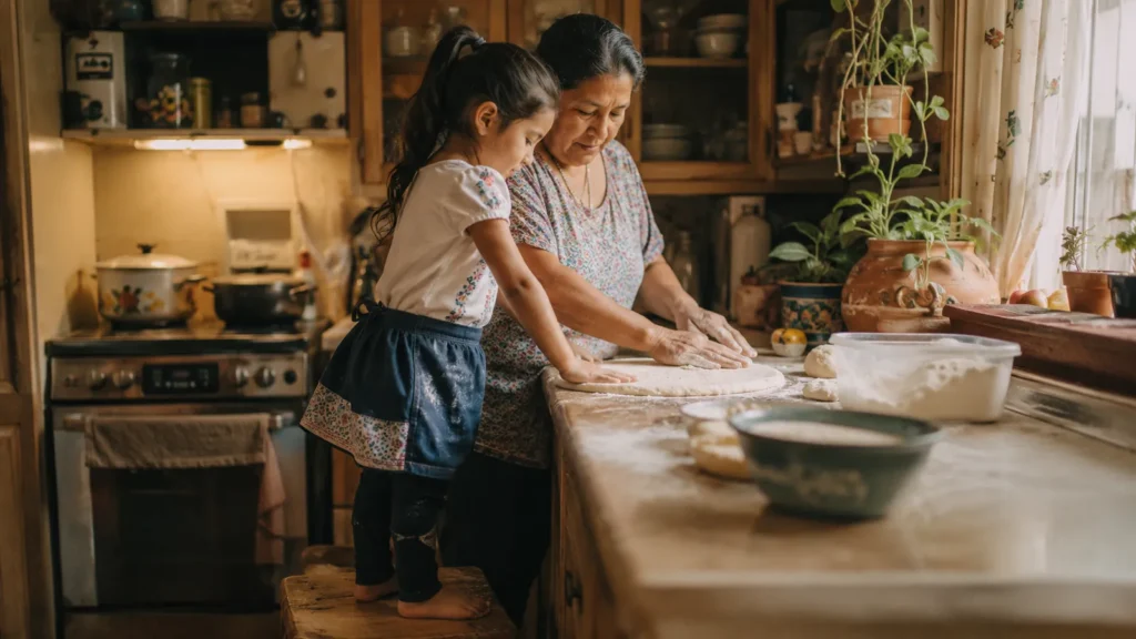 Grandmother and young girl on a step stool knead bread dough together at a kitchen counter