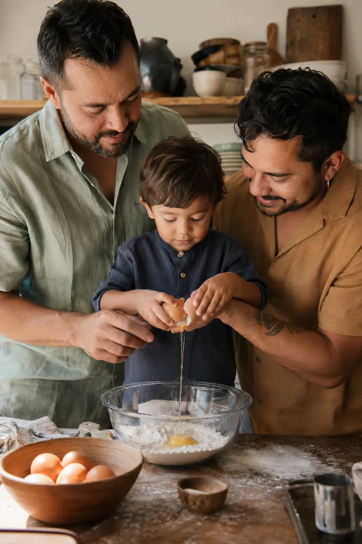 Two fathers help their young son crack an egg into a bowl of flour on a kitchen counter