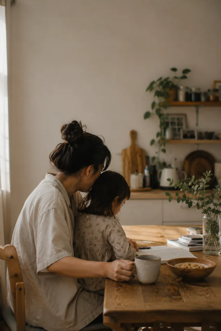 A mother sits with her young daughter at a kitchen table with coffee and a bowl of cereal