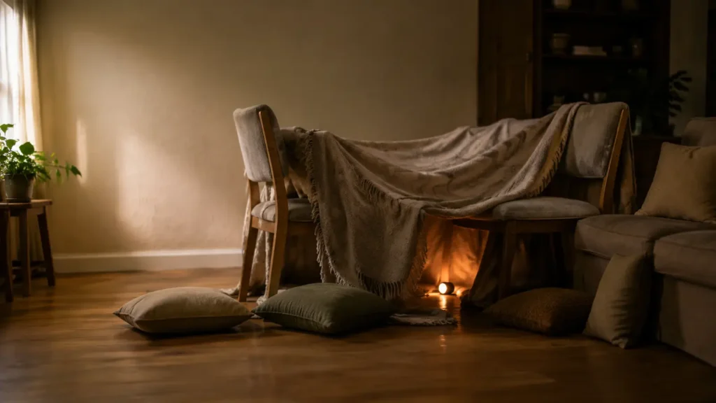 A living room fort built from blankets and chairs with cushions on the floor in warm lamplight