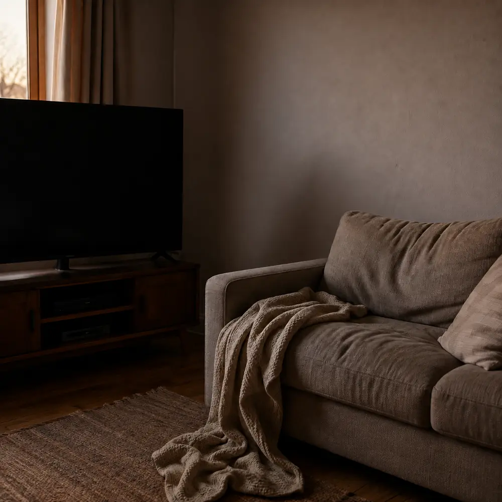 A corner of a living room with a television, a sofa and a folded blanket in low evening light