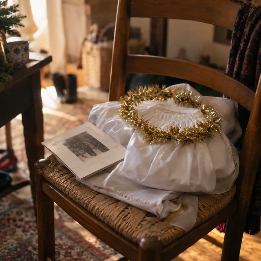 A folded white angel costume with a gold tinsel halo on top and a program card beside it on a rush-seat chair