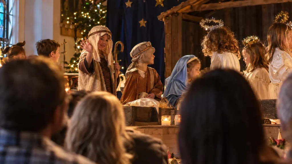 A church nativity stage with a waving shepherd, Mary in a blue veil and children in tinsel halos, seen over the audience