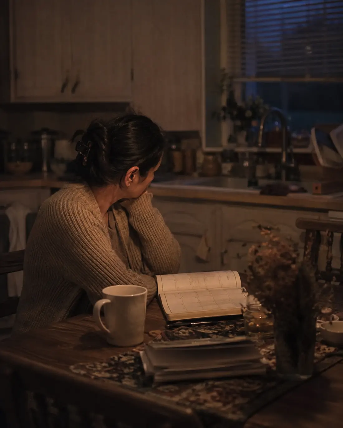 A mother sits alone at a kitchen table in the early morning dark with a paper planner open beside a mug