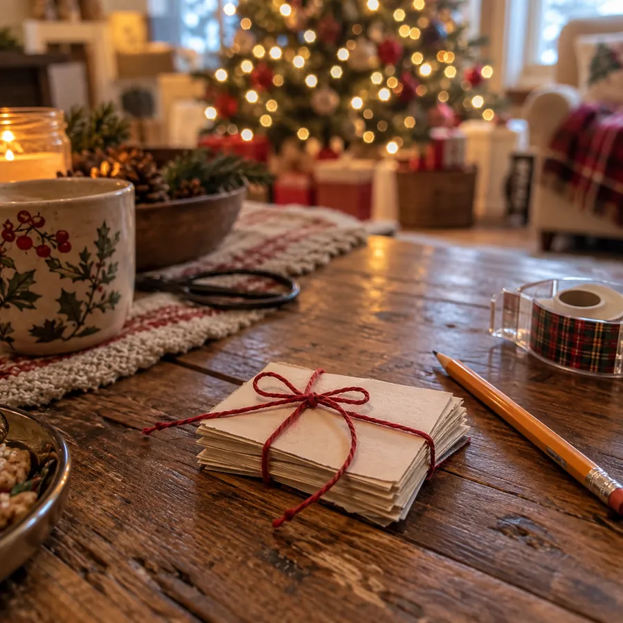 Index cards tied with red twine beside a pencil, tape and scissors, with a lit Christmas tree behind