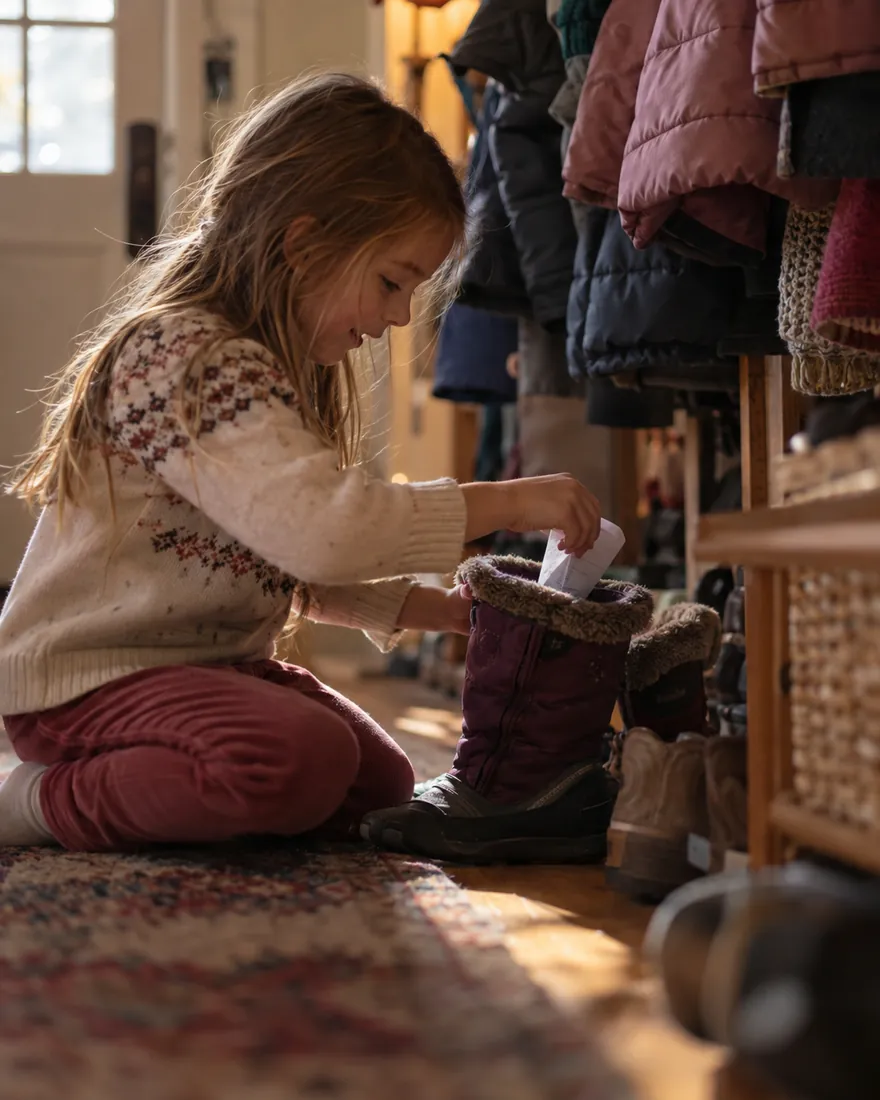 A girl of about five kneels in a mudroom and slips a folded clue into a purple winter boot