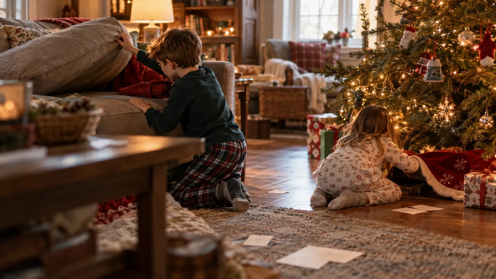 A boy lifts a sofa cushion and his sister checks under the tree skirt on a Christmas clue hunt