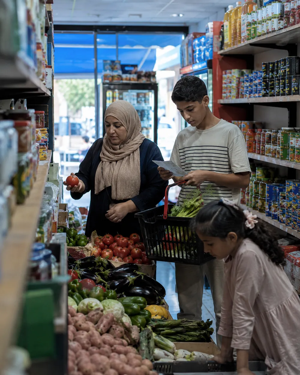 A mom shops for produce in a market with her teenage son and daughter, one wearing a hijab