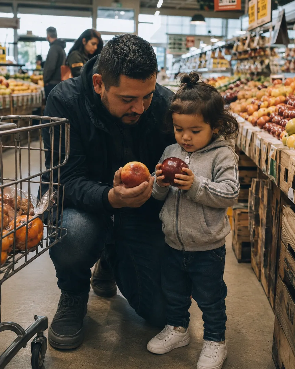 A dad and his toddler choose apples together in a grocery store produce aisle