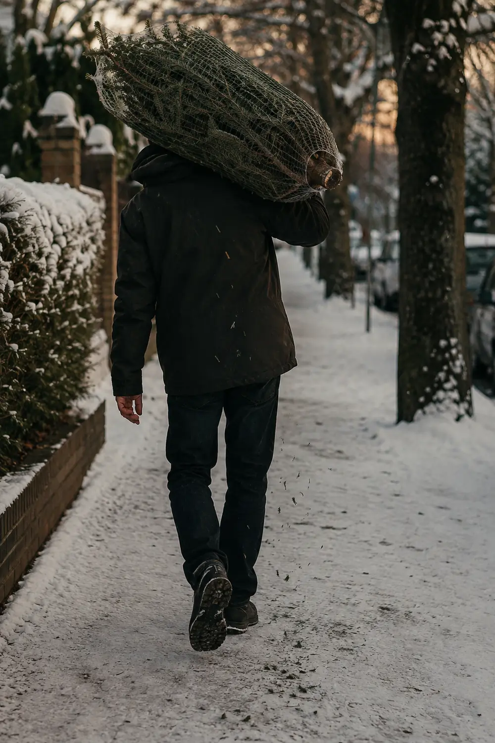 A person seen from behind carrying a netted Christmas tree on one shoulder down a snowy sidewalk