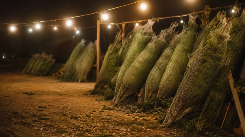 Rows of netted fir trees leaning on a wooden rail at a Christmas tree lot under warm string lights at night