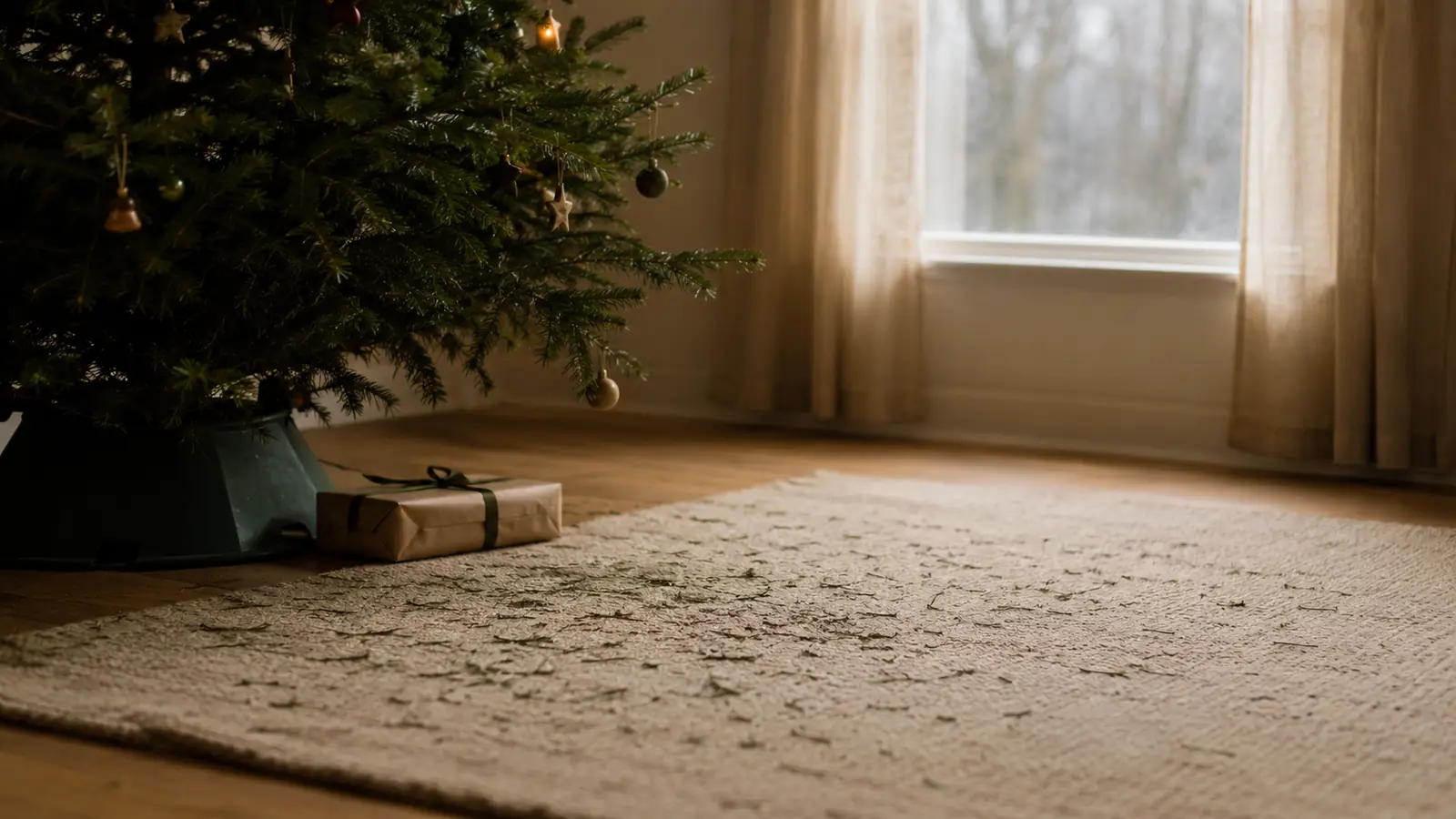 A Christmas tree in the corner of a living room dropping needles on a rug, with one small gift beneath it and soft window light