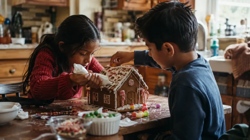 Two children pipe icing and press candy onto a gingerbread house at a kitchen table