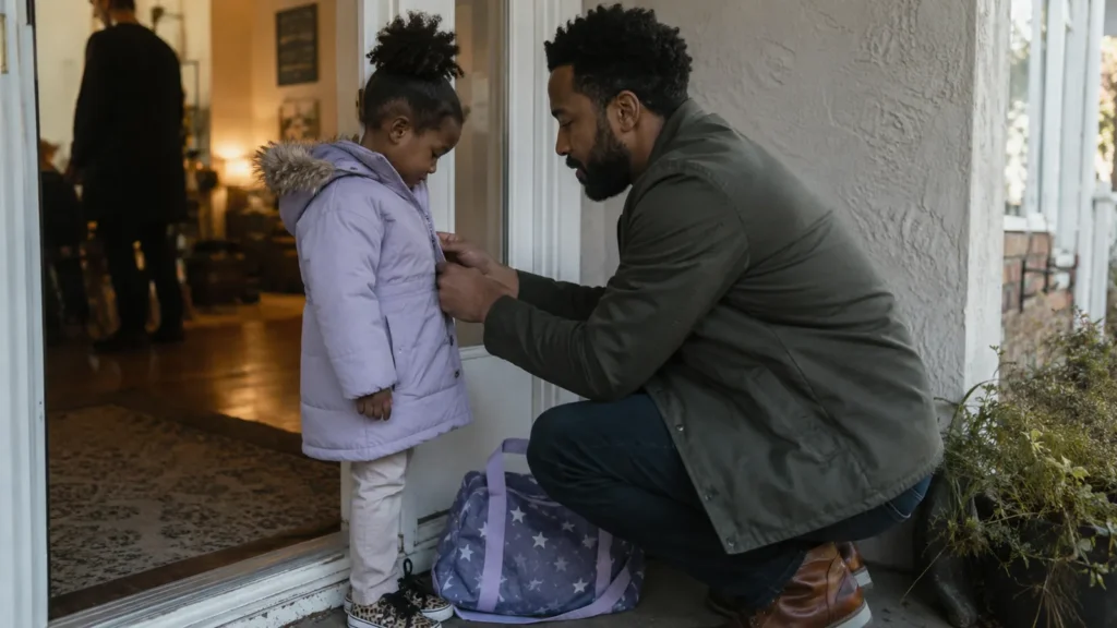 A father crouches on a doorstep to zip his young daughter's lilac coat, her star-print bag on the step beside them