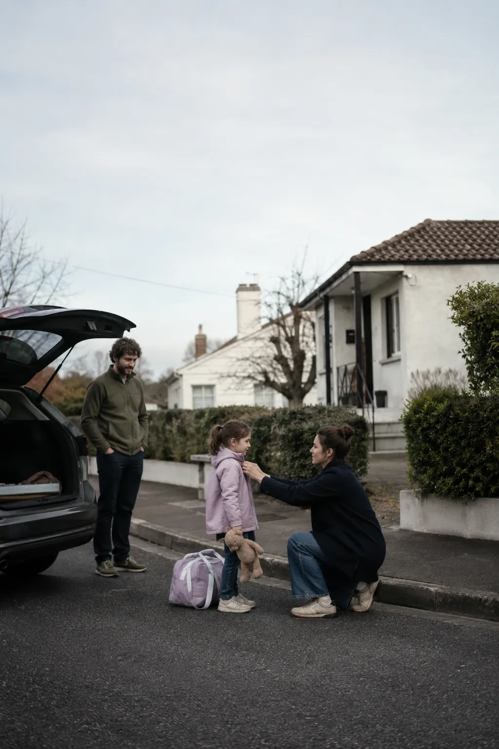 A woman kneels to zip a girl's coat on a quiet street while a man waits by an open car trunk and the girl holds a bear