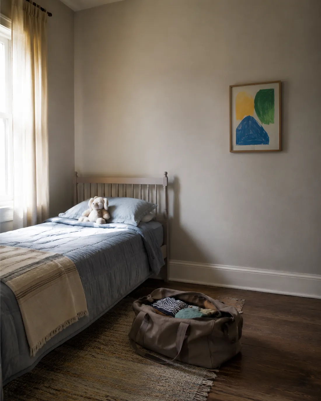 A made single bed with a teddy on the pillow, a half-unpacked bag on the floor and a framed child's drawing on the wall