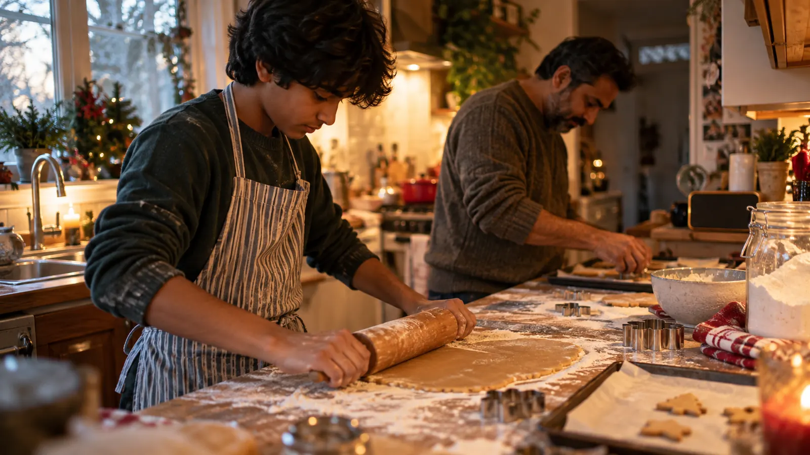 Teenage boy in a striped apron rolls gingerbread dough on a floured counter while his father cuts shapes behind him