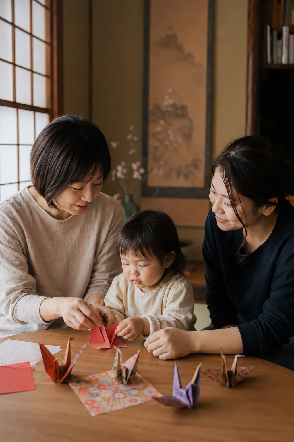 Two moms help a toddler fold simple paper cranes at a low table