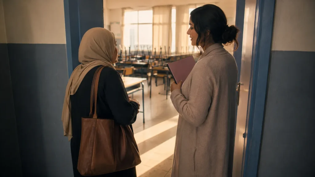 Room parent and teacher talk quietly in a classroom doorway before school