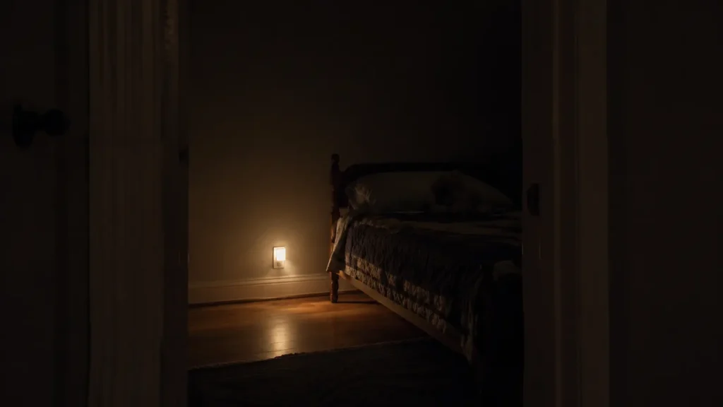 A soft nightlight glow spilling through a bedroom doorway into a dark hallway at night