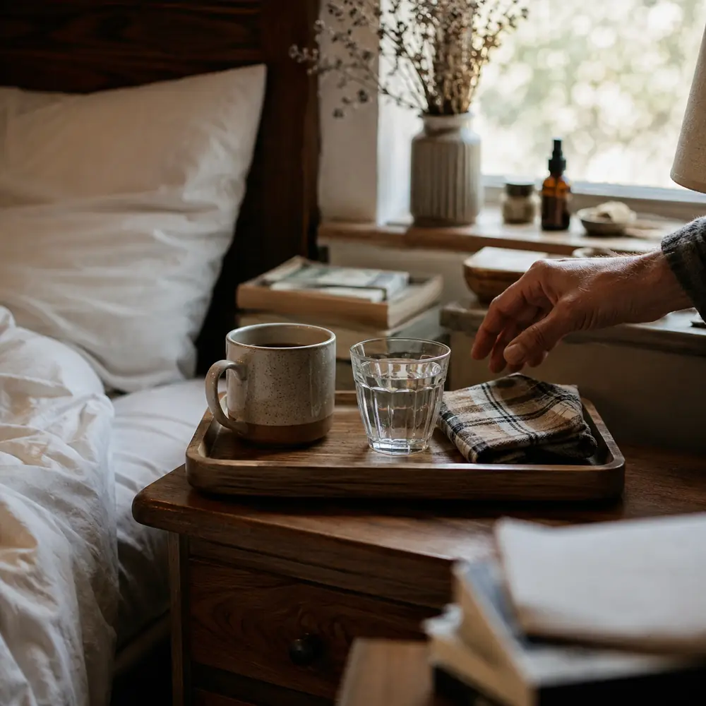 A small tray with a warm drink and a lamp on a bedside table in a dark room
