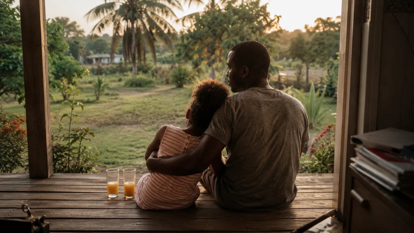 A dad and his child sit close together on porch steps, looking out at the garden