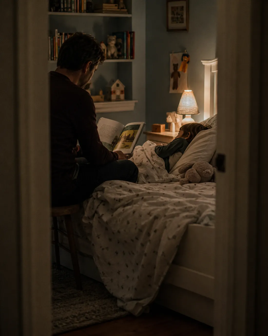 Seen through a doorway, a dad reads to his daughter in bed by the light of a small lamp