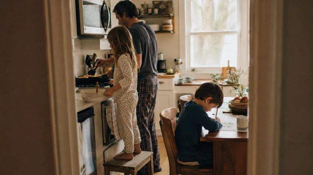 A dad cooks breakfast with his daughter at the stove while his son eats at the kitchen table